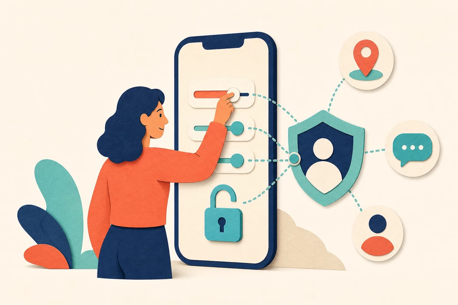 Pessoa ajusta controles de privacidade ligados a localização, perfil e conversa em um celular